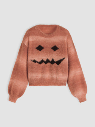 Fuzzy Halloween Round Neck Emoji Long Sleeve Sweater