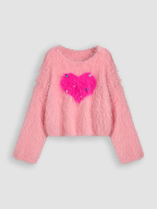 Fuzzy Heart & Rhinestone Sweater