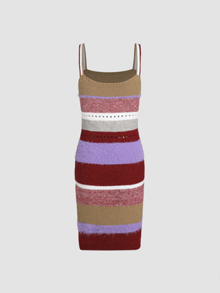 Fuzzy Knit Striped Square Neck Mini Dress