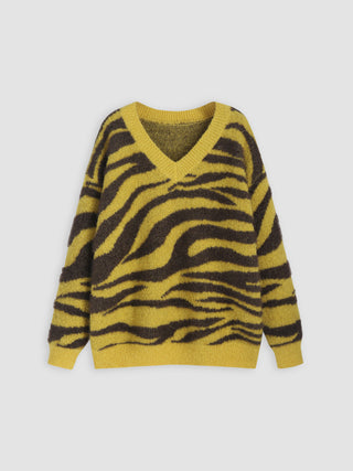 Fuzzy Knit V-neck Zebra Stripe Long Sleeve Top