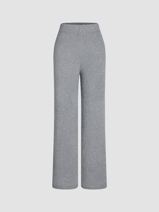 Fuzzy Mid Waist Straight Leg Metallic Knitted Trousers