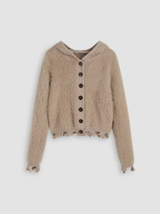 Fuzzy Mohair-blend Button Ripped Hooded Knitted Cardigan