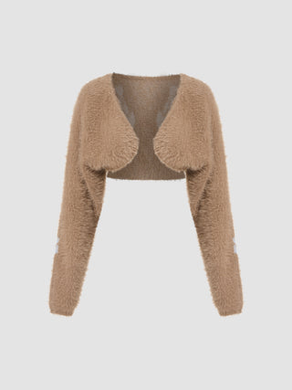 Fuzzy Mohair-blend Collarless Flower Crop Knitted Cardigan