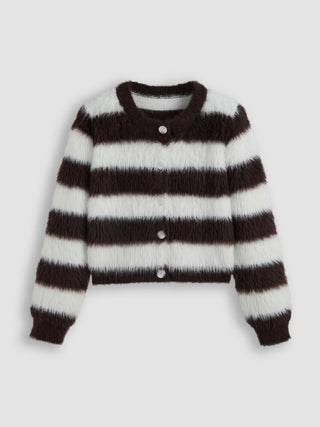 Fuzzy Mohair-blend Stripe Button Knitted Cardigan