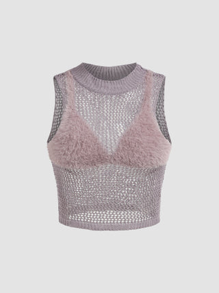 Fuzzy Round Neckline Hollow Out Knitted Crop Top