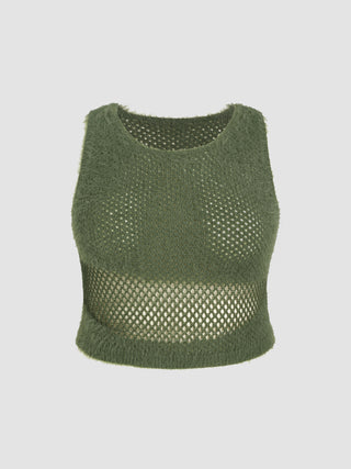 Fuzzy Round Neckline Hollow Out Knitted Crop Top Curve & Plus