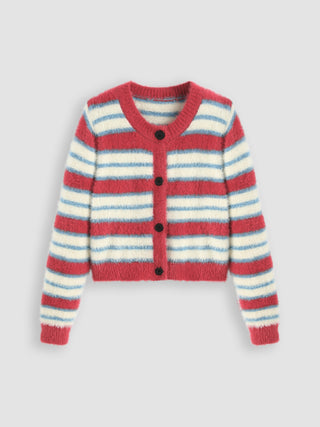 Fuzzy Round Neckline Stripe Cardigan