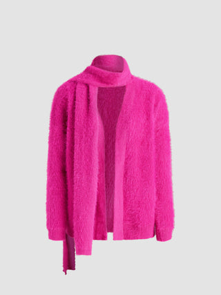 Fuzzy V-neck Solid Cardigan With Scarf