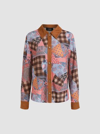 Geo Floral Print Patchwork Blouse