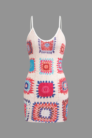 Geometric Pattern Knit Spaghetti Strap Mini Dress (XL / Contrast Color)