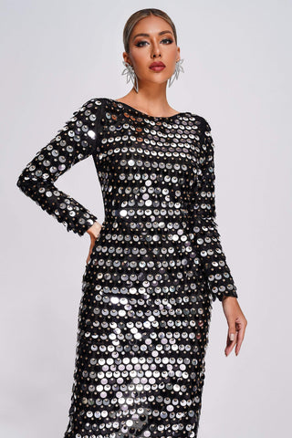 Gerianna Sequin Backless Maxi Dress (L / Black)