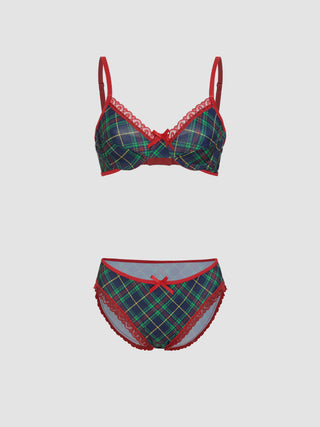 Gingham Lace Bowknot Bralette & Brief Set