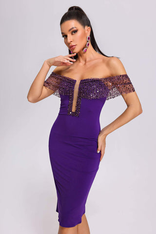 Giselle Off Shoulder Bandage Midi Dress (M / Purple)