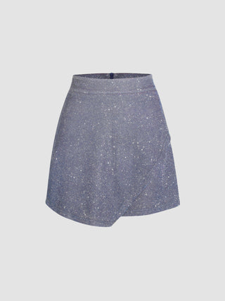 Glitter High Waist Asymmetrical Hem Short Skirt