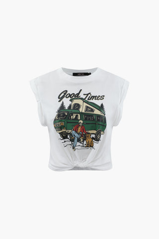 Good Times Graphic Knot Hem T-Shirt (L / WHITE)