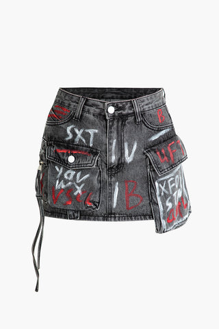 Graffiti Flap Pocket Denim Mini Skirt (M / DIM GRAY)