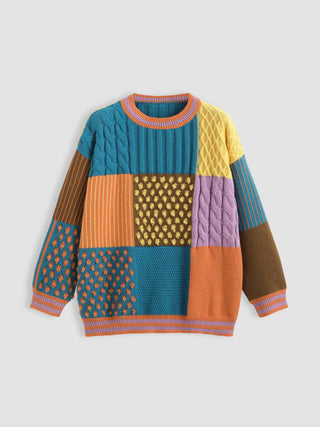 a colorful sweater with a patching pattern on it