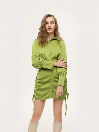 Green Solid Ruched Shirt Dress