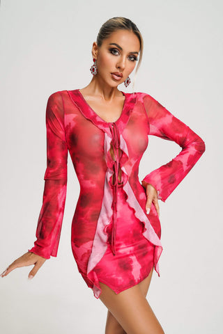 Habiba Printed Mesh Mini Dress (S / Pink)