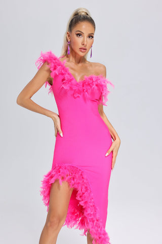 Hailey One Shoulder Feather Midi Dress (M / Pink)