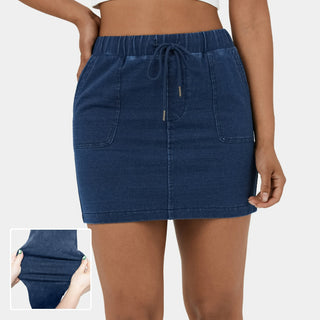 HalaraMagic™ High Waisted Drawstring Pocket Split Stretchy Knit Denim Mini Casual Skirt