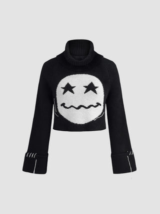 Halloween High Neck Emoji Knitted Crop Sweater