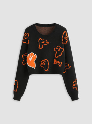 Halloween Round Neck Ghost Long Sleeve Crop Sweater