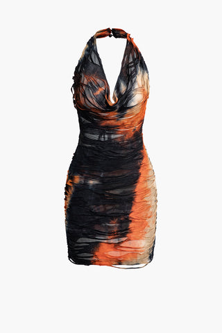 Halter Backless Distressed Mini Dress (S / PERSIMMON)