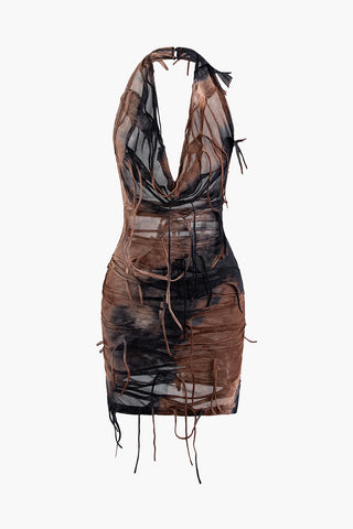 Halter Backless Distressed Mini Dress (XS / BROWN)