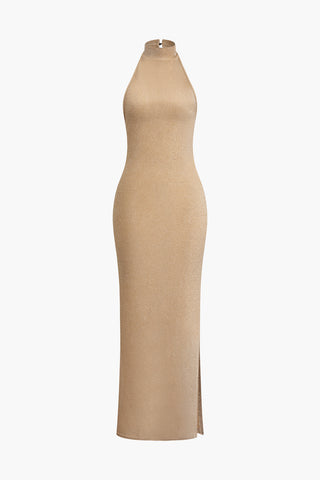 Halter Backless Slit Maxi Dress (L / KHAKI)