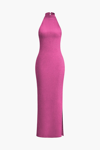 Halter Backless Slit Maxi Dress (S / RASPBERRY)