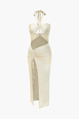 Halter Cut Out Drawstring Slit Midi Dress (S / BEIGE)