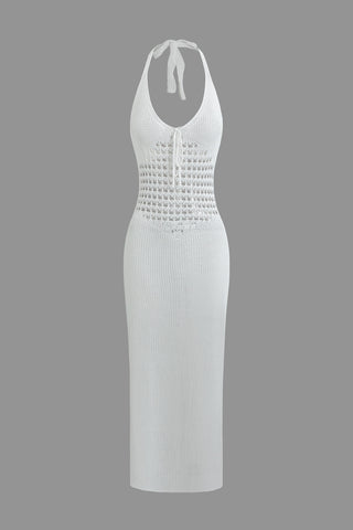 Halter Neck Backless Crochet Knit Dress (L / WHITE)