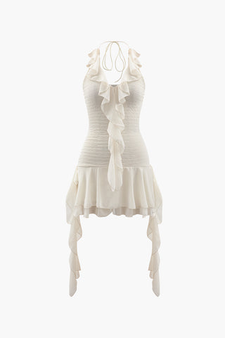 Halter Neck Ruffle Mini Dress (XL / BEIGE)