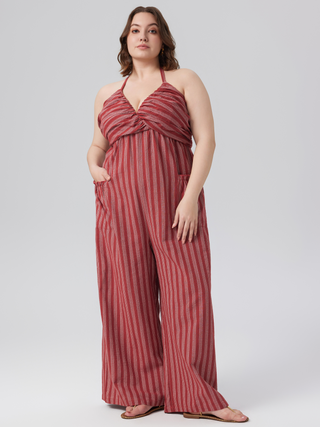 Halter Neck Stripe Wide Leg Jumpsuit Curve & Plus (2XL / Red)