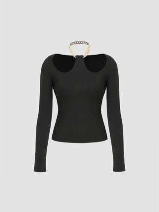 Halter Neckline Solid Chain Long Sleeve Top