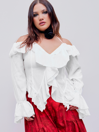 Halter Off-shoulder Ruffle Hem Long Sleeve Blouse Curve & Plus