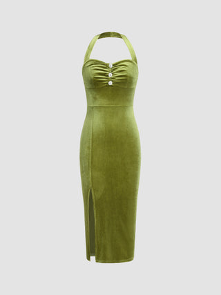 Halter Rhinestone Velvet Split Midi Dress (S / Green)