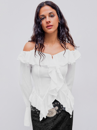 Halter Ruffle Trim Long Sleeve Blouse