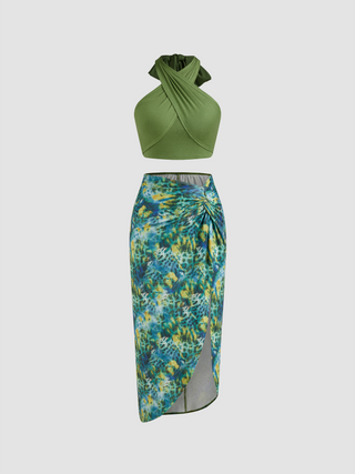 Halter Solid Criss Cross Crop Top & Peacock Print Twist Split Maxi Skirt