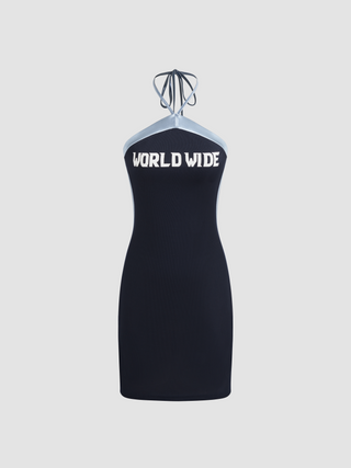 Halter World Wide Contrasting Binding Mini Dress (M / Navy Blue)