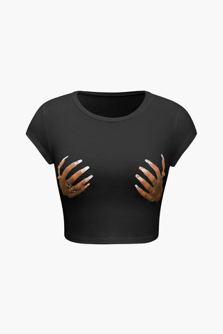 Hands Print Round Neck Crop T-shirt (S / BLACK)