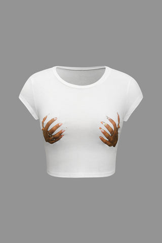 Hands Print Round Neck Crop T-shirt (XL / WHITE)