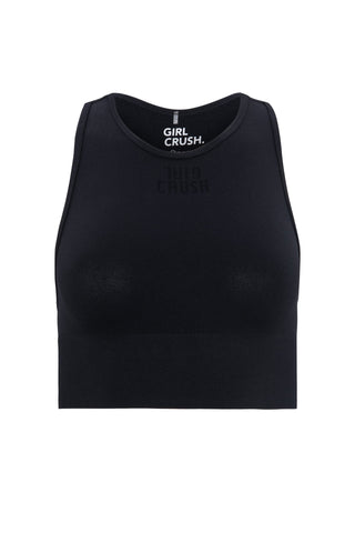 a black crop top with a white logo on the front