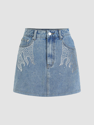 Heating Up Rhinestone Denim Mini Skirt (M / Denim)