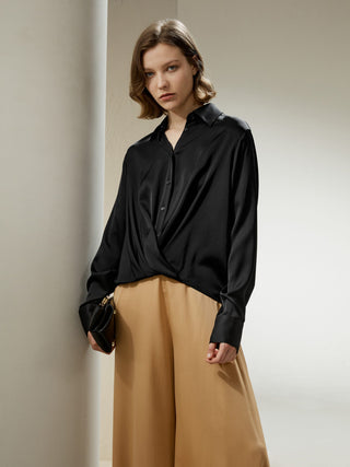 Hem Pleated Silk Blouse (Black / M)