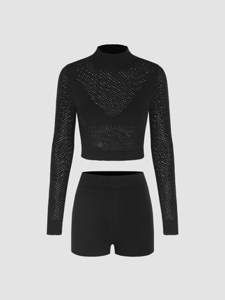 High Neck Hollow Out Top & Mid Waist Biker Shorts Knitted Set