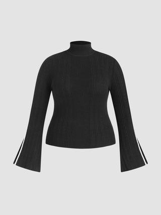 High Neck Rib Knit Split Bell Sleeve Sweater Curve & Plus