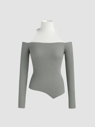 High Neck Solid Asymmetrical Knitted Long Sleeve Top