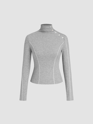 High Neck Solid Long Button Sleeve Top